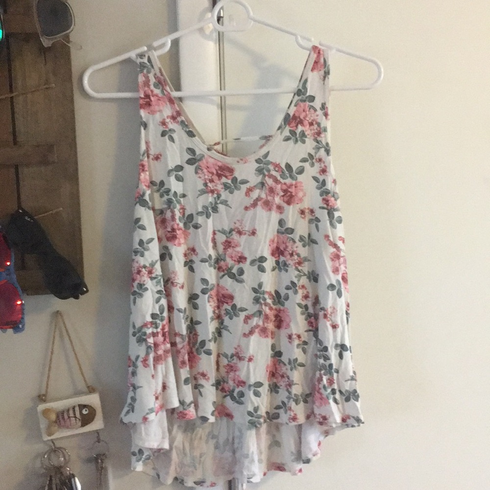 Flowy, floral print lace up top